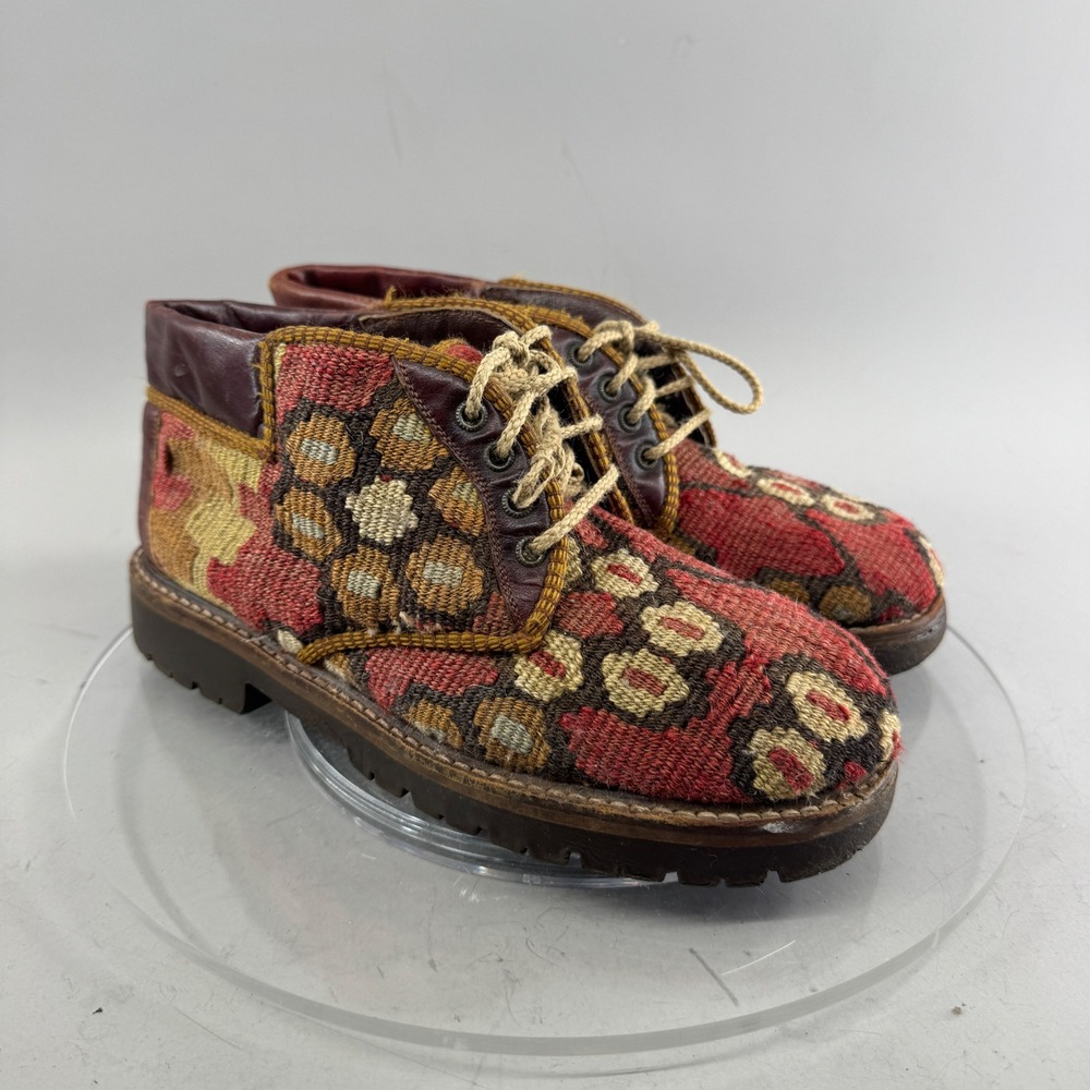 Prestige Womens Kilim Tapestry Boots Woven Floral Lace Up Lug Sole Red Brown 5-6